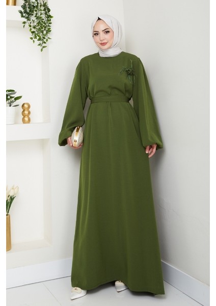Broş Detaylı Ayrobin Elbise 1545 - Haki