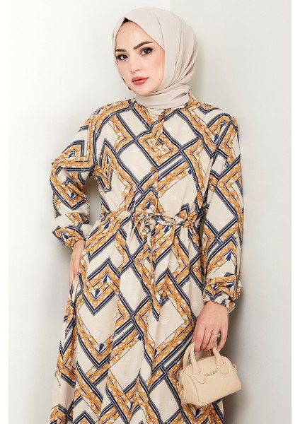 Desenli Ponpon Detay Ayrobin Elbise 1537 - Bej