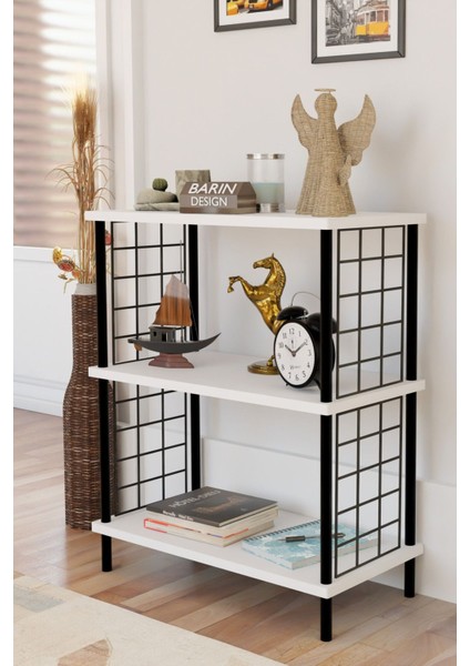 3 Katlı Çevir Kur Dekoratif Salon Rafı Tel Yan Panelli Açık Kitaplık, Biblo ve Aksesuar Düzenleyici