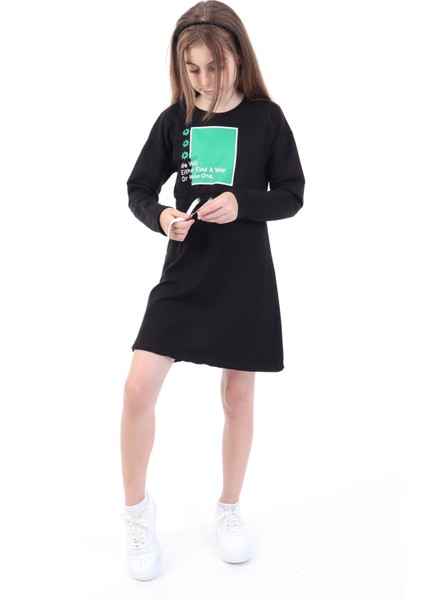 Kız Çocuk Bel Kordon Geçişli Yazı Baskılı Elbise