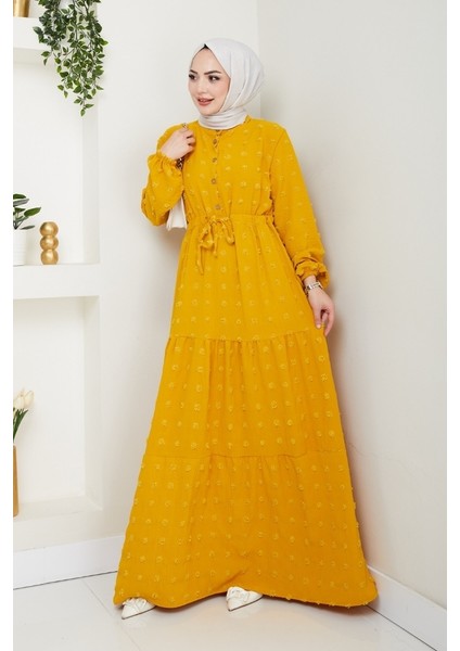 Katlı Ponponlu Ayrobin Elbise 1550 - Hardal