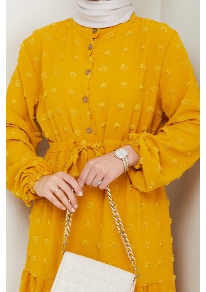 Katlı Ponponlu Ayrobin Elbise 1550 - Hardal fiyatları