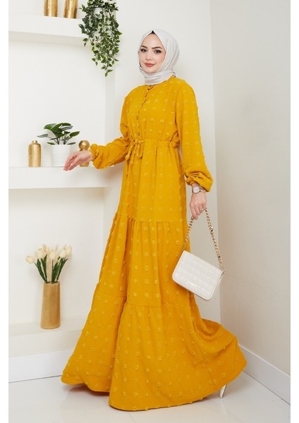 Katlı Ponponlu Ayrobin Elbise 1550 - Hardal modelleri