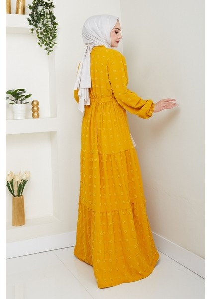 Katlı Ponponlu Ayrobin Elbise 1550 - Hardal fırsatları