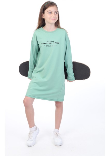 Kız Çocuk Bisiklet Yaka Düşük Kol Yazı Baskılı Elbise