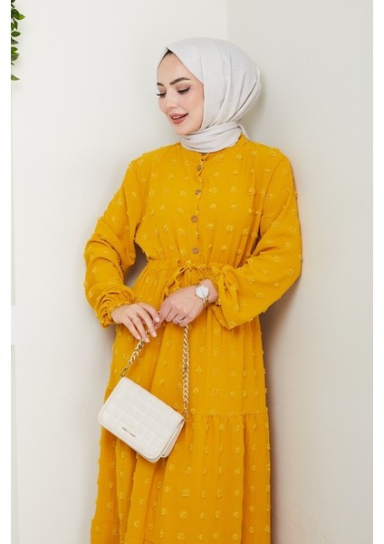Katlı Ponponlu Ayrobin Elbise 1550 - Hardal