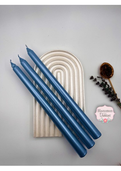 Dekoratif Metalik Mavi Şamdan Mumu 3 Lü Set