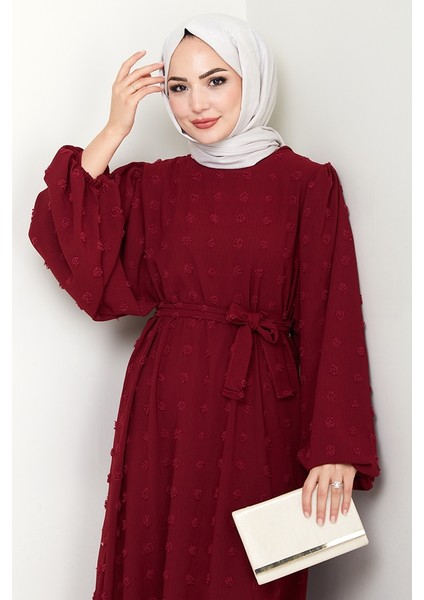 Kuşaklı Ponpon Detay Ayrobin Elbise 1538 - Bordo