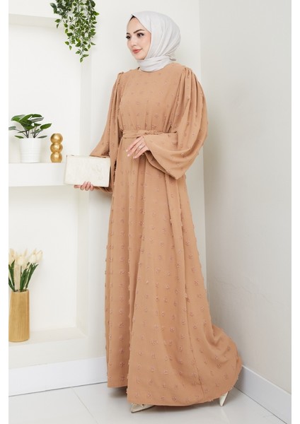 Kuşaklı Ponpon Detay Ayrobin Elbise 1538 - Vizon