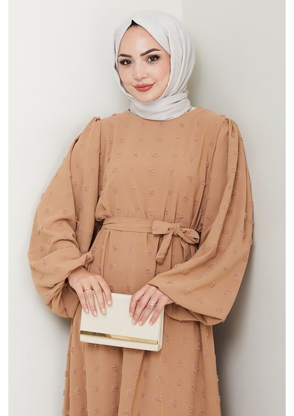 Kuşaklı Ponpon Detay Ayrobin Elbise 1538 - Vizon fiyatları