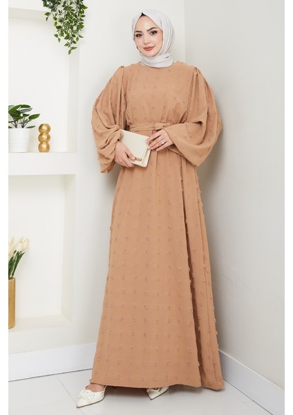 Kuşaklı Ponpon Detay Ayrobin Elbise 1538 - Vizon modelleri