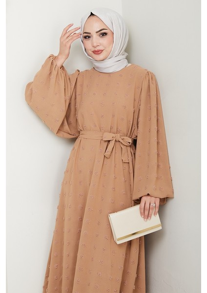 Kuşaklı Ponpon Detay Ayrobin Elbise 1538 - Vizon fırsatları