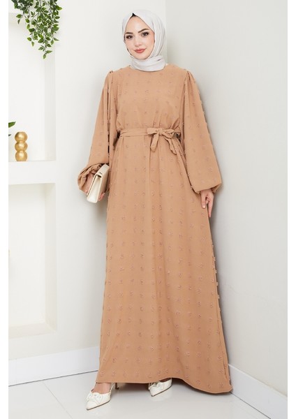 Kuşaklı Ponpon Detay Ayrobin Elbise 1538 - Vizon indirimleri