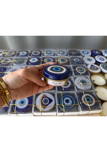 Nazar Temalı Kişiye Özel Kokulu Soya Mum – El Yapımı Hediye Kutulu Düğün Nişan Kına Bebek (10 Adet)