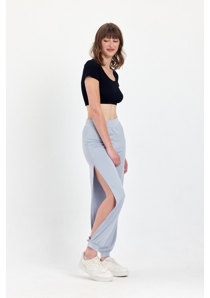 Yandan Yırtmaçlı Gri Modal Yoga Pantolonu