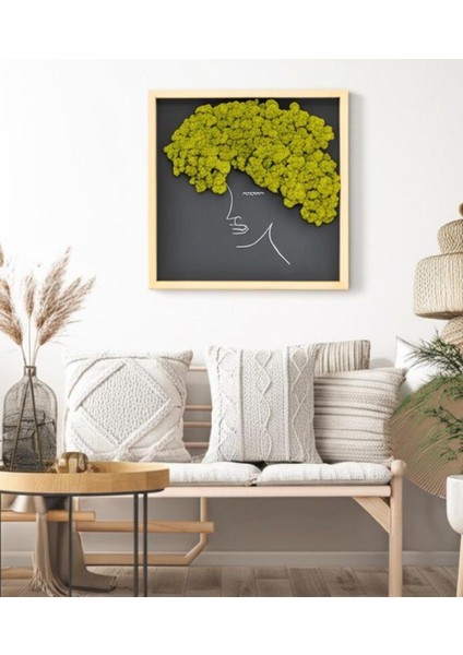 El Yapımı Kadın Silüetli Yosun Tablo | Doğal Liken Yosunu ile Afro Tarzı Duvar Dekoru | Ahşap Çerçeveli Minimal Sanat
