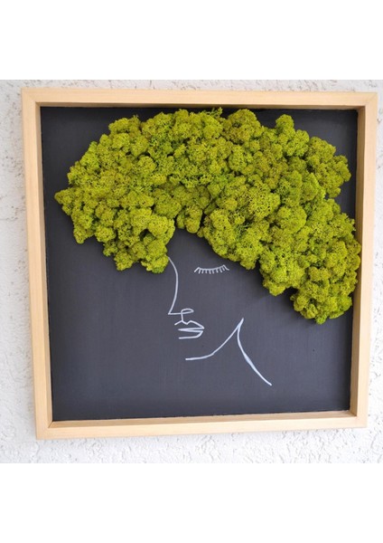 El Yapımı Kadın Silüetli Yosun Tablo | Doğal Liken Yosunu ile Afro Tarzı Duvar Dekoru | Ahşap Çerçeveli Minimal Sanat