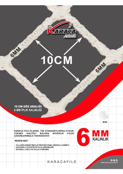 Balkon Güvenlik Filesi – 1.5m Yükseklik | Metreyle Kesim | 6mm Ip, 10X10 cm Göz Aralığı + Montaj Aparatları (Beyaz) modelleri
