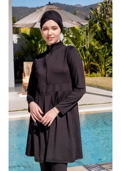 Hızlı Kuruyan Taytlı Likralı Siyah Tesettür Mayo 2514
