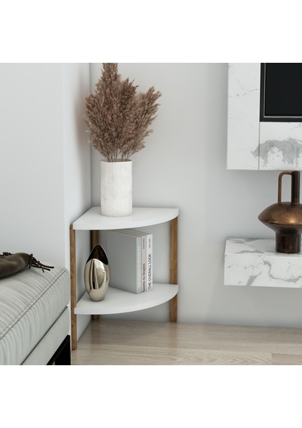 Zümrüt Beyaz 2 Raflı Üçgen Ahşap Köşe Sehpası / Yan Sehpa / Çok Amaçlı Dekoratif Raf fiyatları