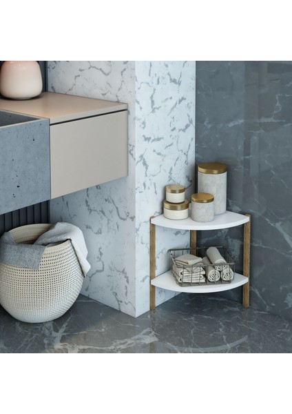 Zümrüt Beyaz 2 Raflı Üçgen Ahşap Köşe Sehpası / Yan Sehpa / Çok Amaçlı Dekoratif Raf