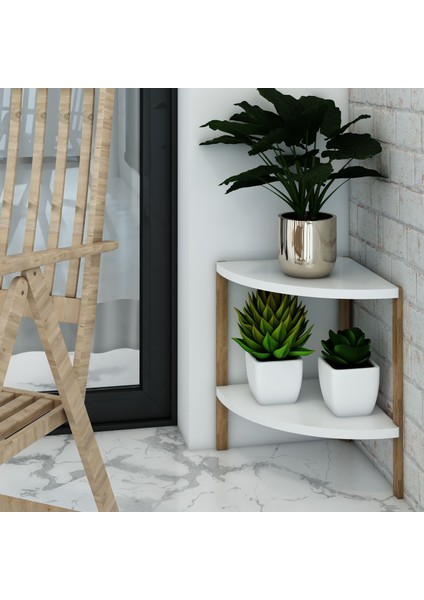 Zümrüt Beyaz 2 Raflı Üçgen Ahşap Köşe Sehpası / Yan Sehpa / Çok Amaçlı Dekoratif Raf