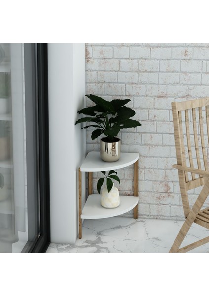Zümrüt Beyaz 2 Raflı Üçgen Ahşap Köşe Sehpası / Yan Sehpa / Çok Amaçlı Dekoratif Raf
