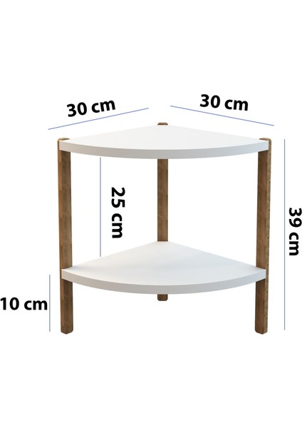 Zümrüt Beyaz 2 Raflı Üçgen Ahşap Köşe Sehpası / Yan Sehpa / Çok Amaçlı Dekoratif Raf