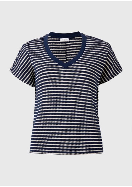 Kadın Lacivert Beyaz Çizgili V Yaka Kısa Kollu Örme T-Shirt, Bluz indirimleri