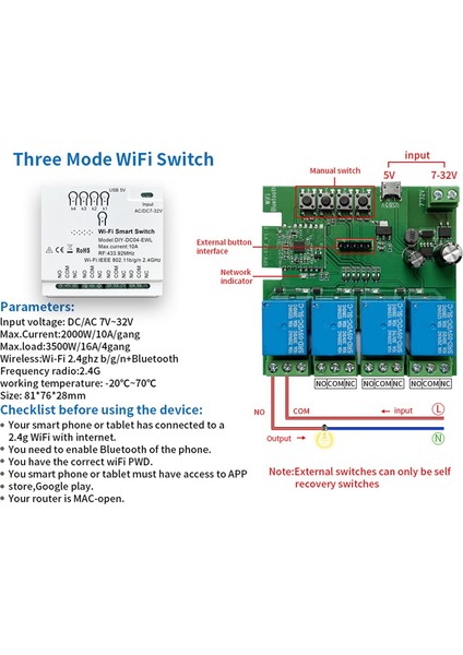 4ch Wifi Akıllı Anahtar + RF433 Uzaktan Kumanda 7-32V 2.4g Wifi (Yurt Dışından)