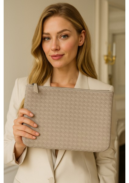 Clutch Krem Portföy El Makyaj Çantası