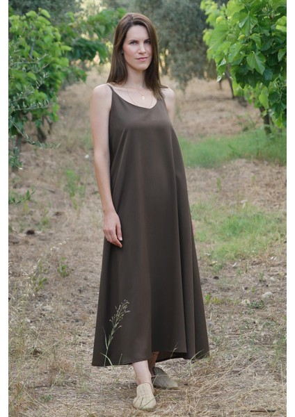 Luna - Askılı Maxi Elbise – Kahverengi