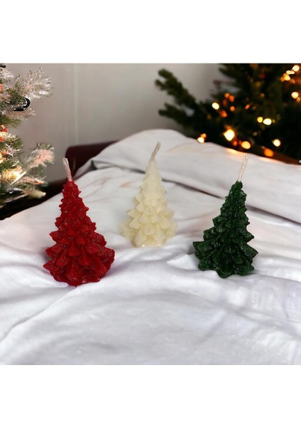 3'lü, Çam Ağacı Mum Seti, Dekoratif Mum, Yeniyıl Konsept , Yılbaşı Hediye, Dijital Baskılı