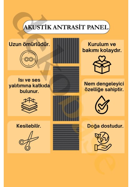 Antrasit (10 ADET) 40X40cm Yeni Nesil Akustik Ahşap Duvar Paneli