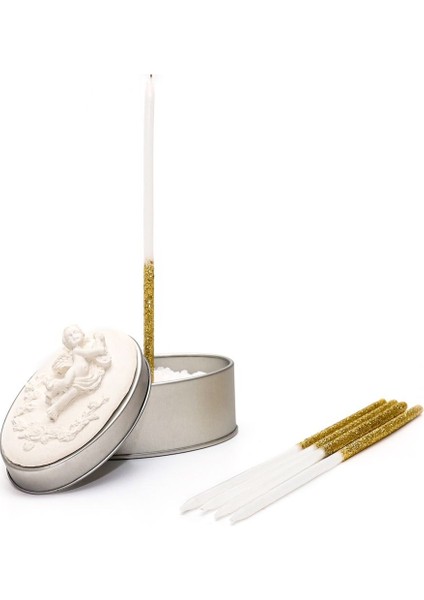 Gold Simli 5'li Dilek Mumu ve Kokulu Melek Seramik Taşlı Teneke Kutu Seti