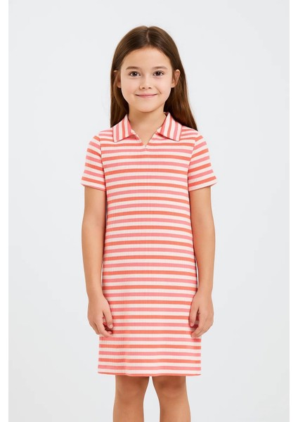 Kız Çocuk Renkli Çizgili Polo Yaka Triko Yazlık Mini, Midi Elbise