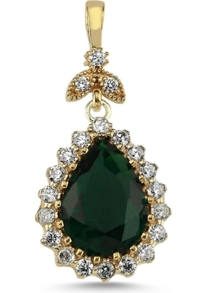 925 Ayar Gümüş Damla Zümrüt Zirkon Taşlı Otantik Kolye Ucu ve Zincir - Anneler Günü