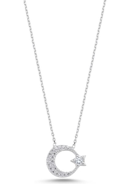 925 Ayar Gümüş Ay Yıldız Zirkon Taşlı Kolye - Anneler Günü