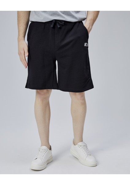 Asher Siyah Yırtmaçlı Patchli Rahat Kalıp Erkek Örme Şort
