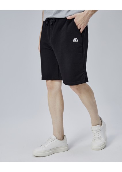 Asher Siyah Yırtmaçlı Patchli Rahat Kalıp Erkek Örme Şort modelleri