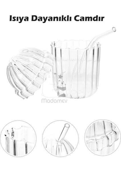 Kubbe Şekilli Oval Cam Kapaklı Isıya Dayanıklı Pinterest Çizgili Bardak Kahve Sunum Bardağı 430ML
