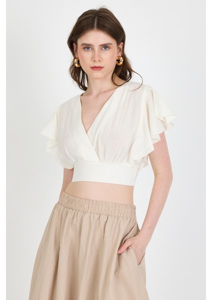 Beyaz Keten Görünümlü %100 Pamuk Fırfır Kol Detaylı Crop Bluz 6942 fiyatları