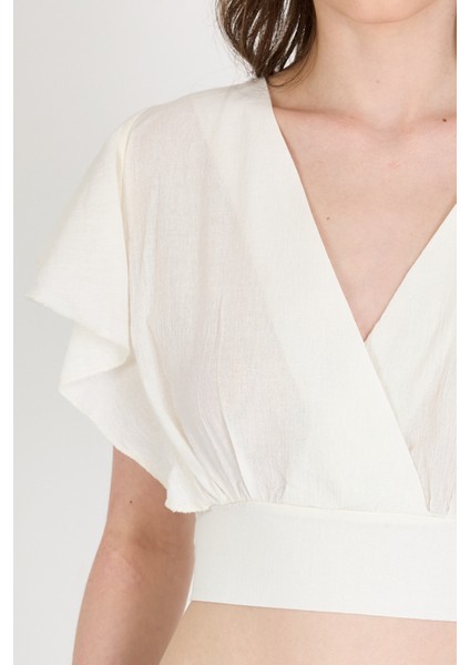 Beyaz Keten Görünümlü %100 Pamuk Fırfır Kol Detaylı Crop Bluz 6942 fırsatları