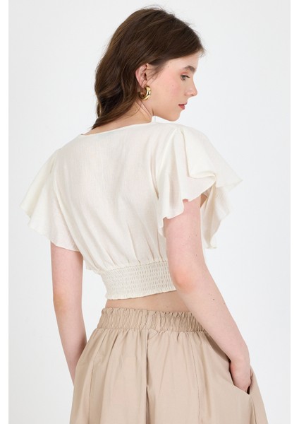 Beyaz Keten Görünümlü %100 Pamuk Fırfır Kol Detaylı Crop Bluz 6942 indirimleri