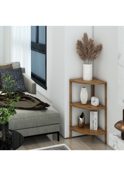 Zümrüt Atlantik Çam 3 Raflı Üçgen Ahşap Köşe Sehpası / Yan Sehpa / Çok Amaçlı Dekoratif Raf