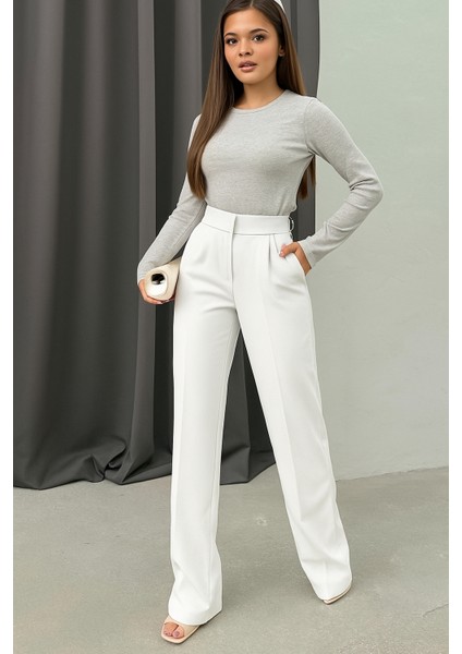 Beyaz Cırtlı Palazzo Pantolon