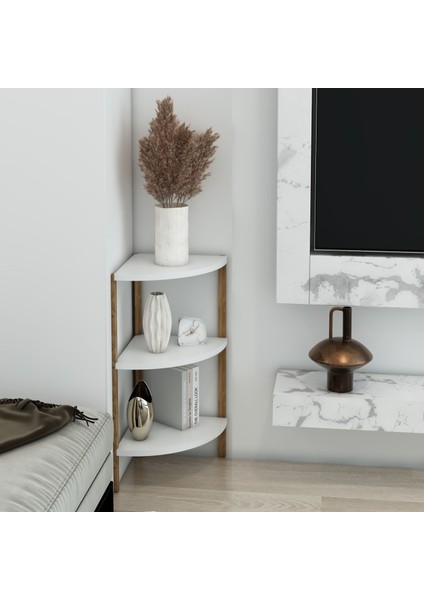 Zümrüt Beyaz 3 Raflı Üçgen Ahşap Köşe Sehpası / Yan Sehpa / Çok Amaçlı Dekoratif Raf fiyatları