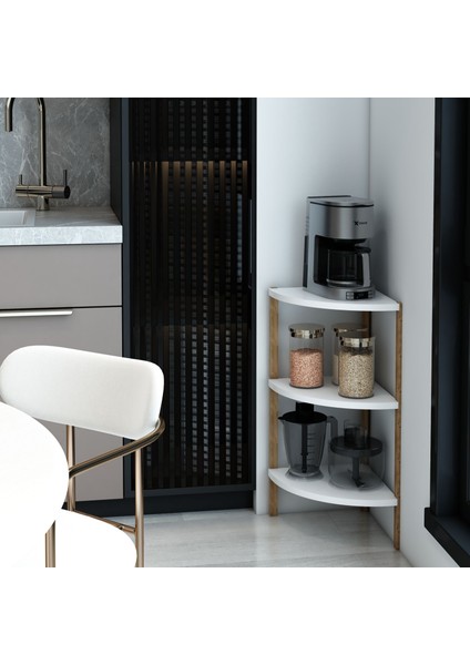 Zümrüt Beyaz 3 Raflı Üçgen Ahşap Köşe Sehpası / Yan Sehpa / Çok Amaçlı Dekoratif Raf modelleri