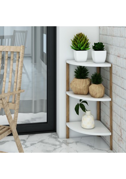 Zümrüt Beyaz 3 Raflı Üçgen Ahşap Köşe Sehpası / Yan Sehpa / Çok Amaçlı Dekoratif Raf