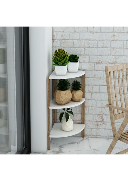 Zümrüt Beyaz 3 Raflı Üçgen Ahşap Köşe Sehpası / Yan Sehpa / Çok Amaçlı Dekoratif Raf